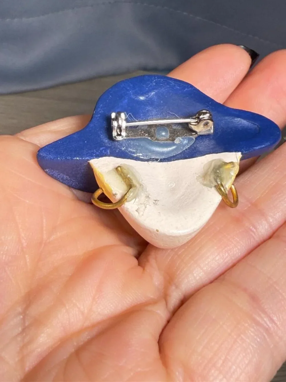 Vintage Handmade Lady Face Brooch Blue Hat Painted Art Brooch